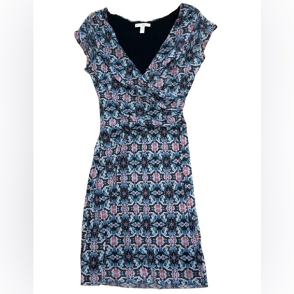 Weston Wear Side Ruched V-Neck Nylon Mesh Dress Vibrant Geometric Tribal Large